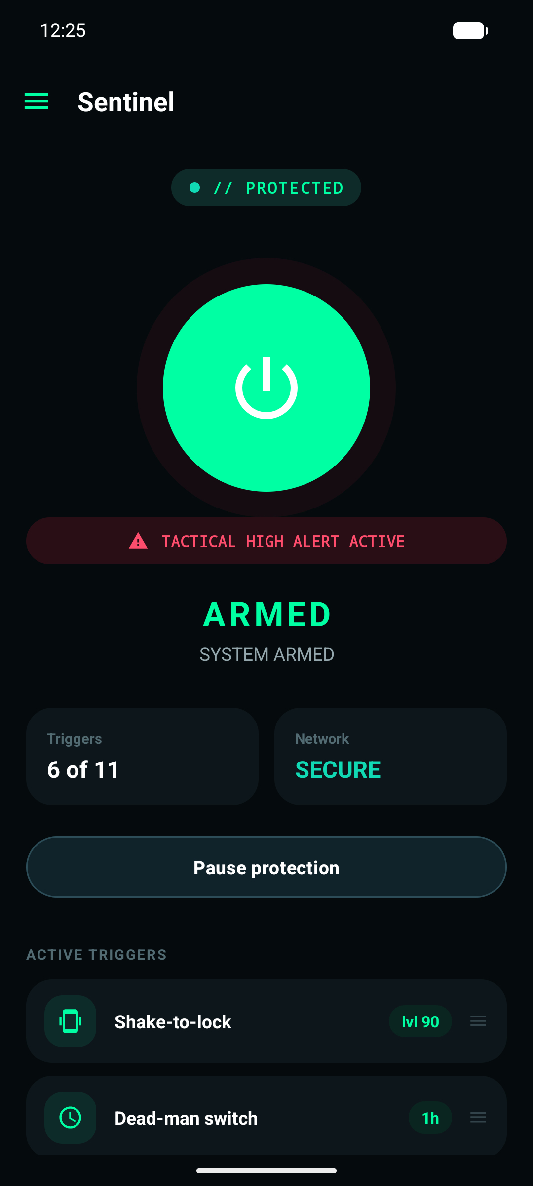 Sentinel app showing ARMED status with active triggers